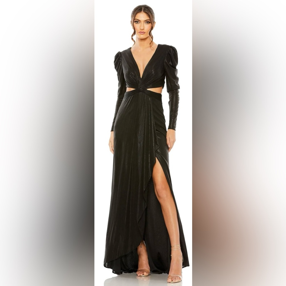 MAC DUGGAL Black Princess Sleeve Cut Out Metallic Gown NWT 🌴